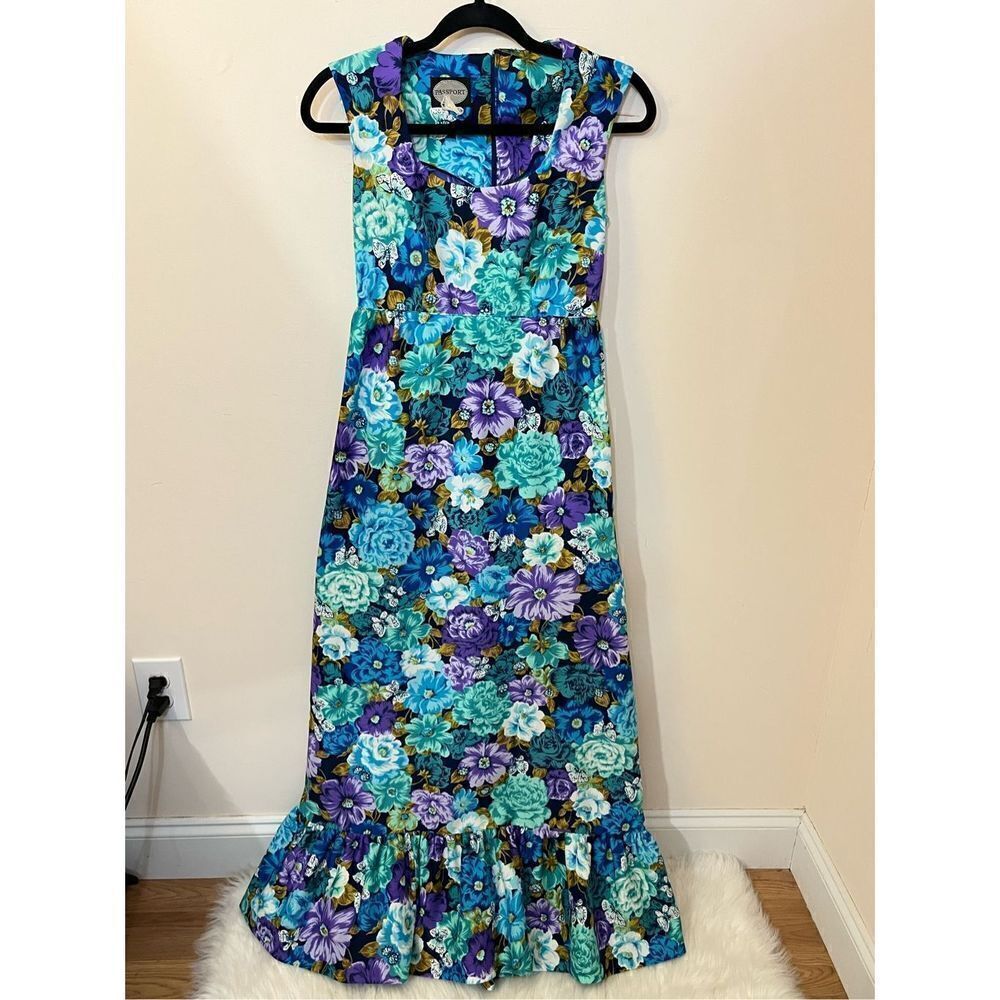 Passport Vintage Hawaiian Butterfly Floral Print Maxi Dress S SEE MEASUREMENTS
